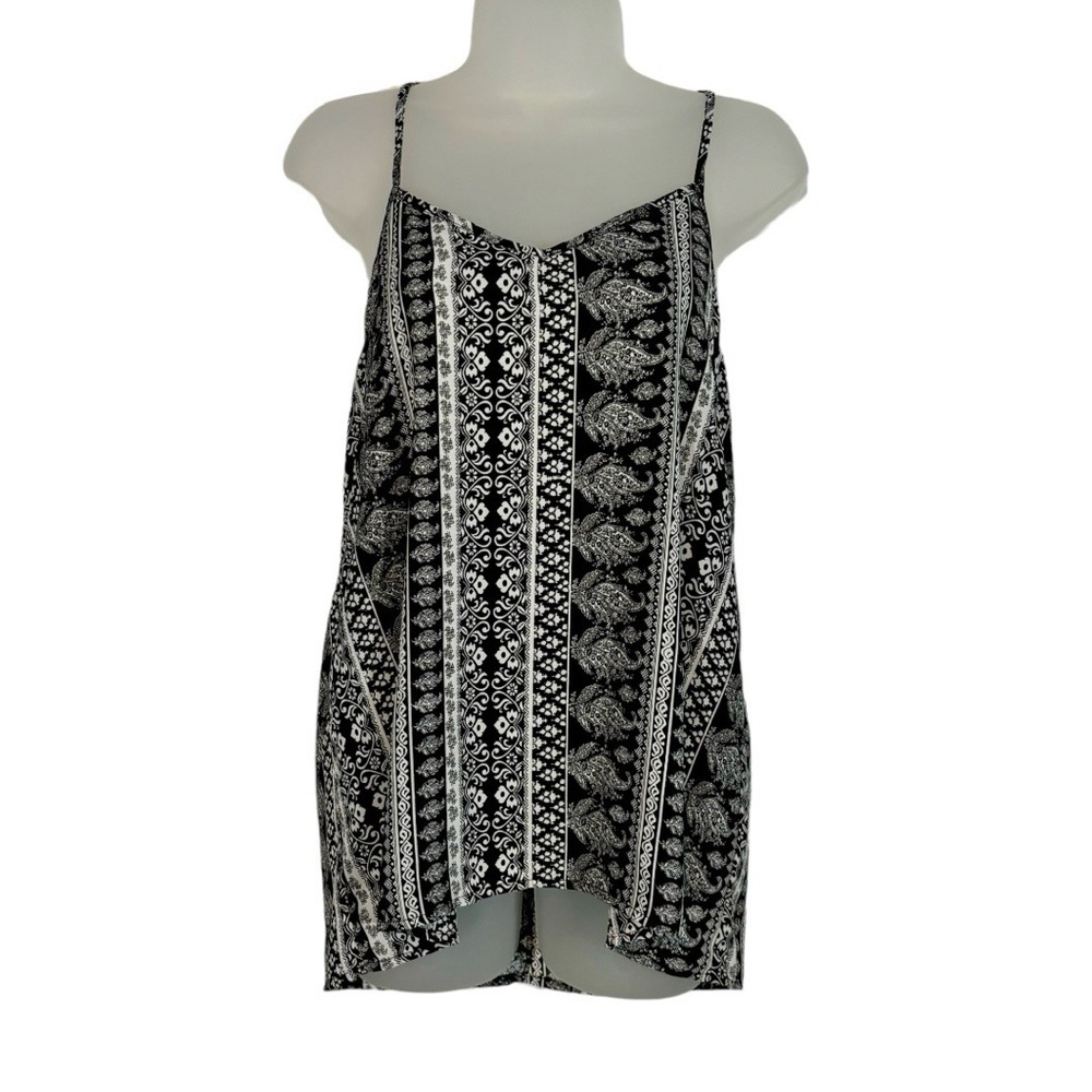 Black White Aztec Pattern Chiffon Tank Top Boho Spaghetti Straps L
